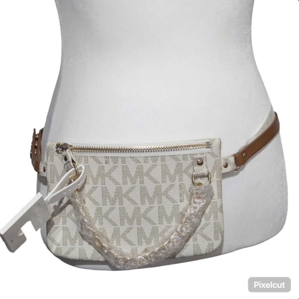Michael Kors White Beige Logo Chain-Accent Crossbody Belt Bag - Picture 2 of 10